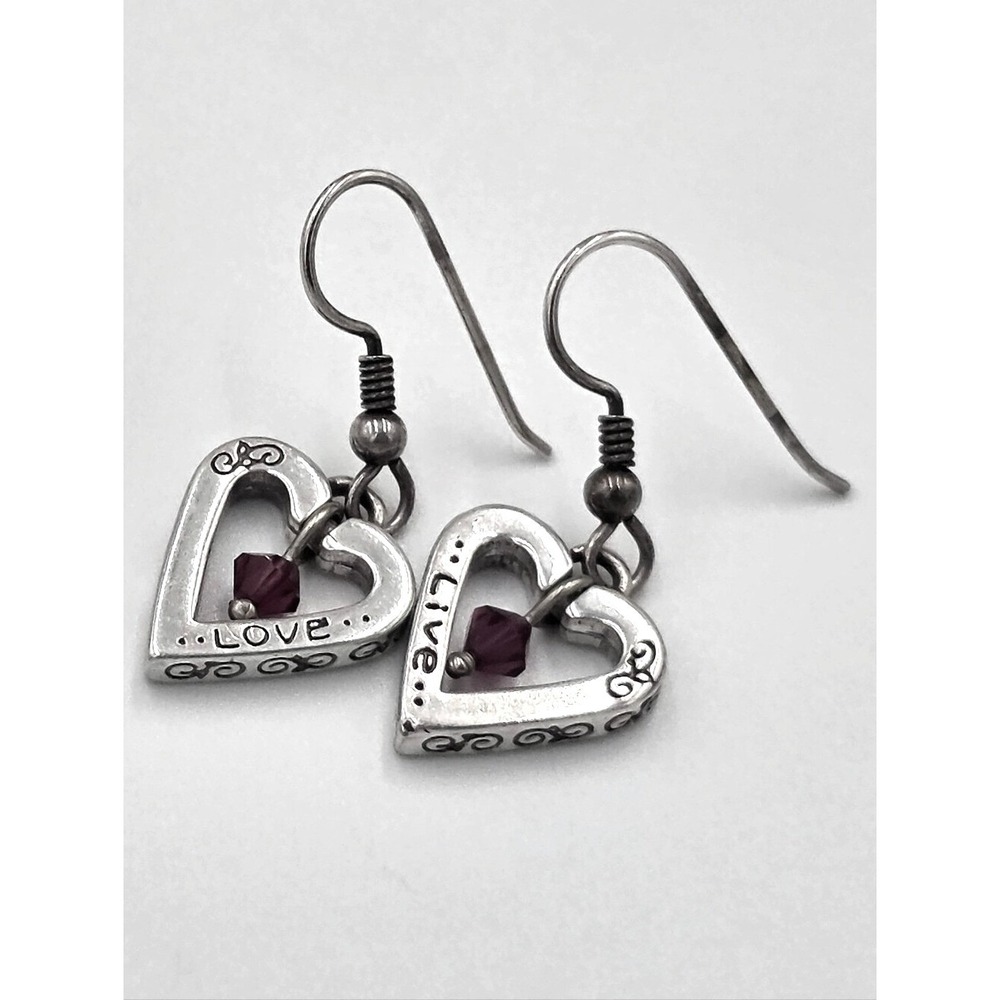 Brighton Silver Heart Drop Earrings Purple‎ Crystal Love Live Laugh Dream Dangle
